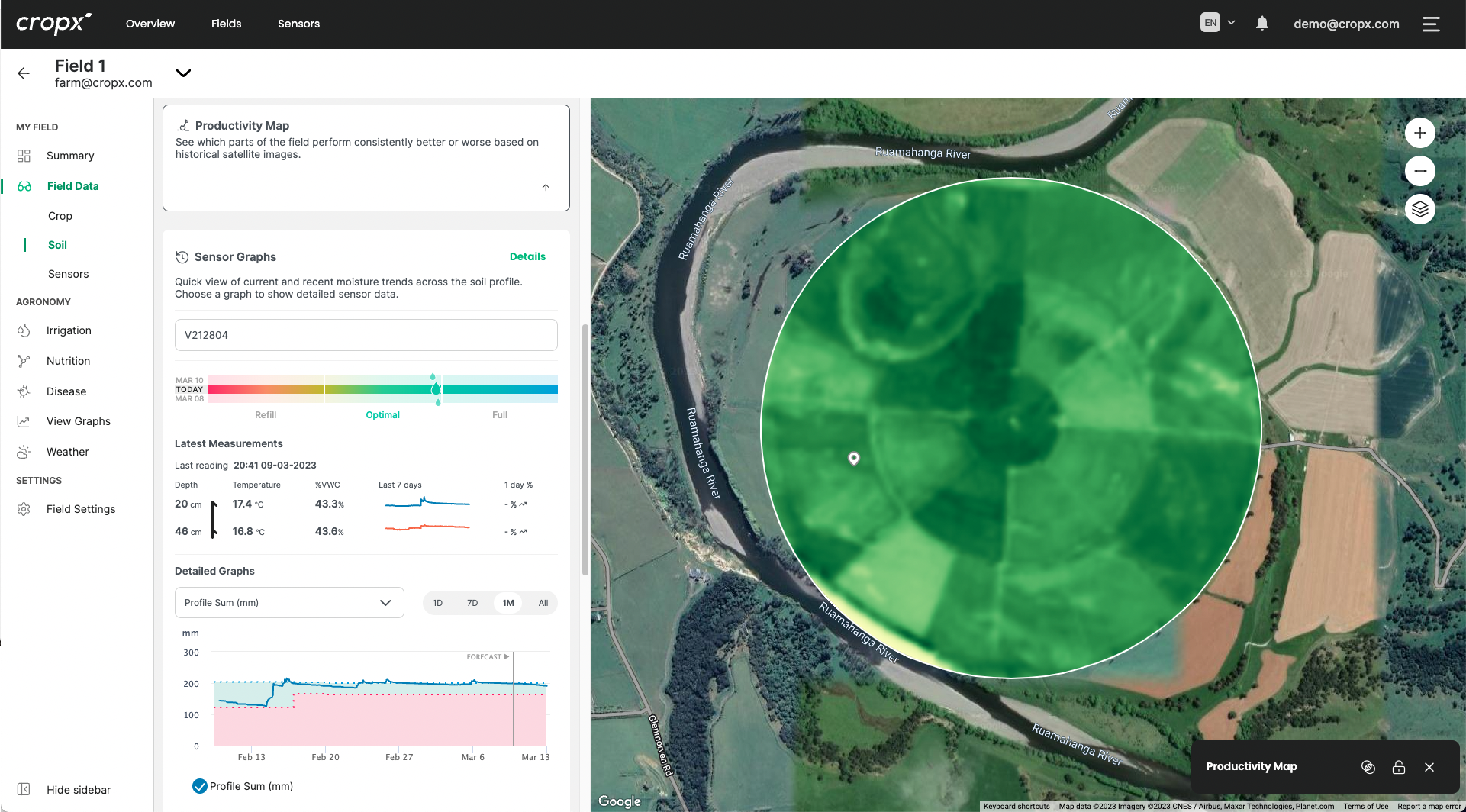 Screenshot shows how field data is displayed in the updated CropX web app.